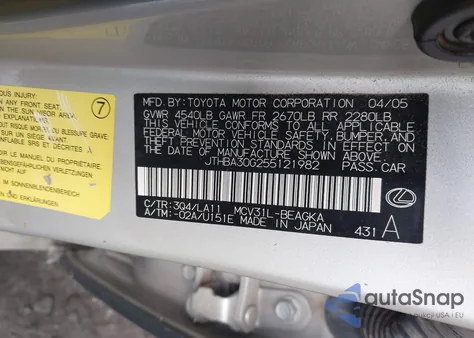 2005 Lexus Es 330 z USA, uszkodzony, nr VIN JTHBA30G255121982